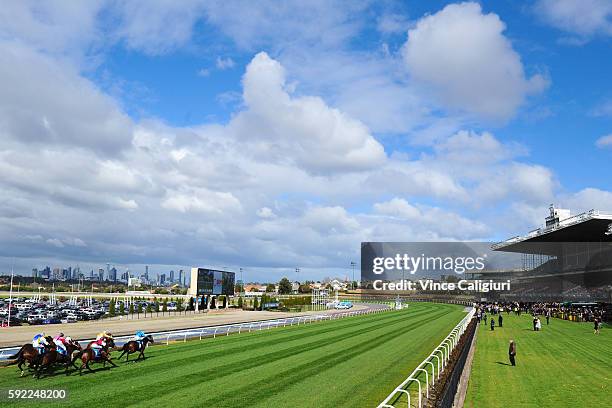 Dwayne Dunn riding Grand Dreamer winning Race 2, during Melbourne Racing at Moonee Valley Racecourse on August 20, 2016 in Melbourne, Australia.