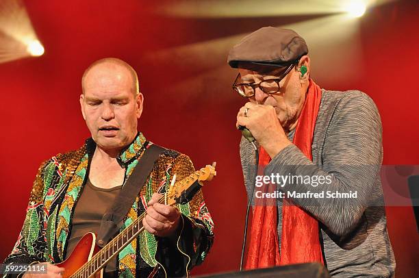 Karl Ritter and Willi Resetarits of Kurt Ostbahn & die Musiker seines Vertrauens perform during his 'Klassentreffen 2016' concert at Kaiserwiese on...