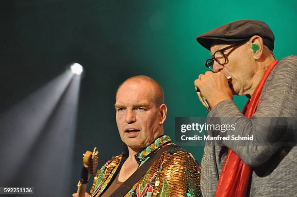 Karl Ritter and Willi Resetarits of Kurt Ostbahn & die Musiker seines Vertrauens perform during his 'Klassentreffen 2016' concert at Kaiserwiese on...