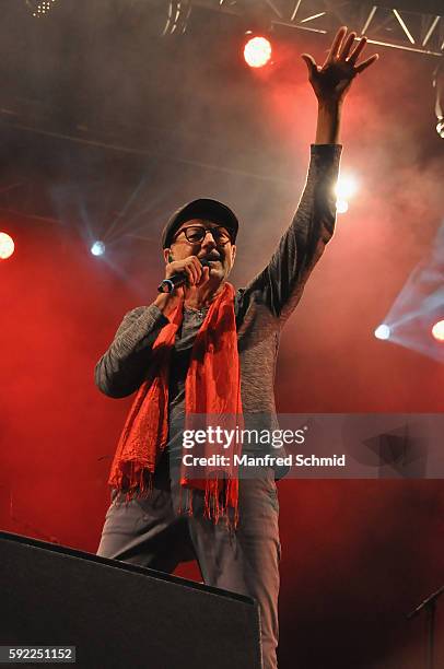 Willi Resetarits of Kurt Ostbahn & die Musiker seines Vertrauens performs during his 'Klassentreffen 2016' concert at Kaiserwiese on August 19, 2016...