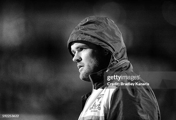 Nate Myles of the Sea Eagles watches on during the round 24 NRL match between the Manly Sea Eagles and the Melbourne Storm at Brookvale Oval on...