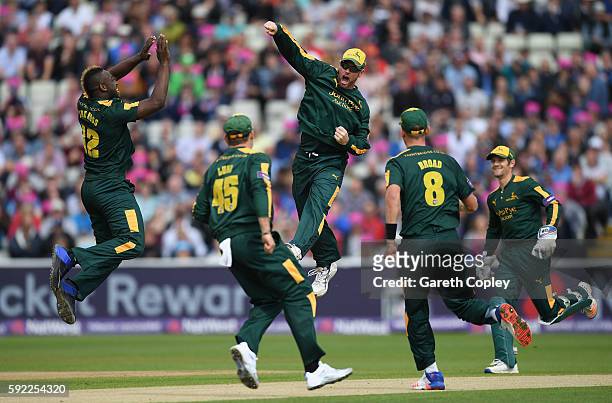 Daniel Christian of Nottinghamshire celebrates with teammates after running out Adam Rossington of Northamptonshire during the NatWest t20 Blast Semi...