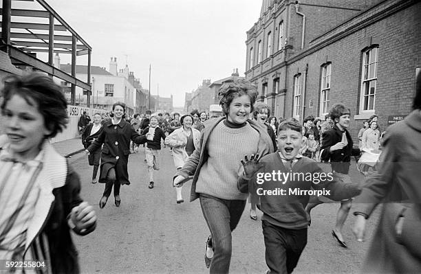 Fan hysteria outside ABC TV Studios, Aston Road, Birmingham, where The Beatles were recording a performance for next saturday's 'Thank Your Lucky...