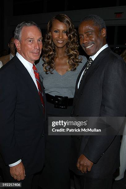 Mike Bloomberg, Iman and Ed Lewis attend Essence celebrates its 35th Anniversary at Time Warner Center on September 12, 2005 in New York City.