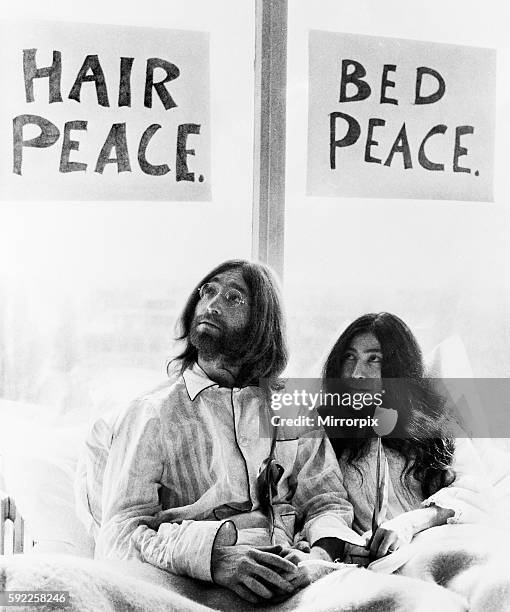 John Lennon in bed with Yoko Ono at the Hilton Hotel Amsterdam, March 1969.