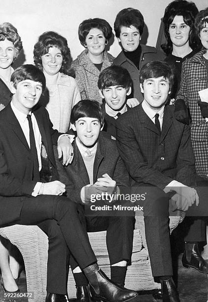 Group of young girls fans meet The Beatles, October 1963. Left to right: McFarlane Rosetta McFadyen 17, Jean Gifford 18, Christine Steel 16, Thomas...