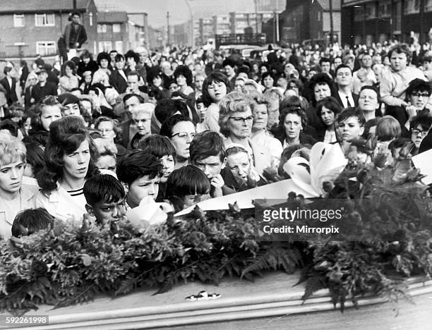 Funeral of murder victim Lesley Ann Downey, with large crowd outside Trinity Methodist Church, Ancoats, Manchester, October 1965. Lesley Ann Downey...