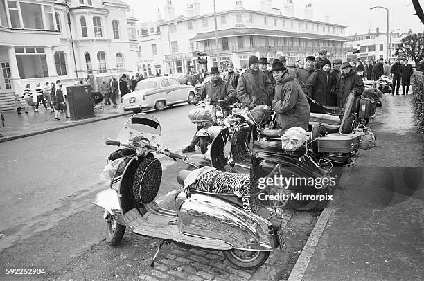 Mods with their scooters gather on Clacton sea front. Over the 1964 Easter weekend several scuffles between Mods and Rockers broke out in the Essex...