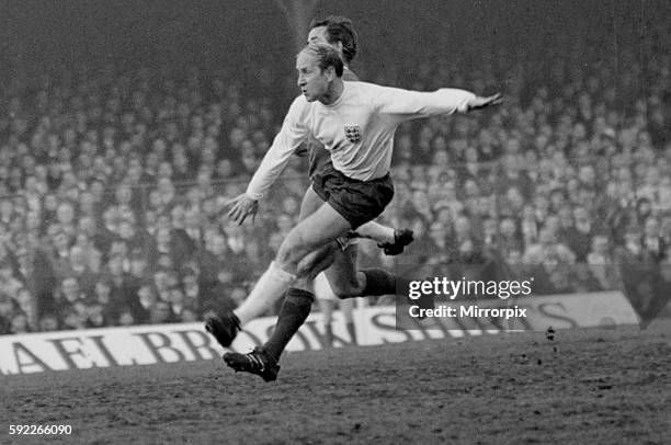 Home International match at Windsor Park, Belfast. Northern Ireland 1 v England 3. England's Bobby Charlton volleys a goal for England with his left...