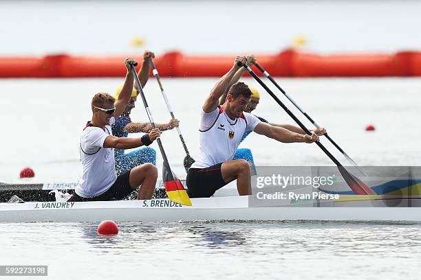 Sebastian Brendel of Germany and Jan Vandrey of Germany compete on their way to winning the Men's Canoe Double 1000m on Day 15 of the Rio 2016...