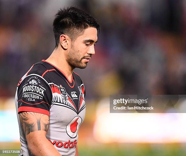 Shaun Johnson of the Warriors looks dejected after losing the round 24 NRL match between the North Queensland Cowboys and the New Zealand Warriors at...