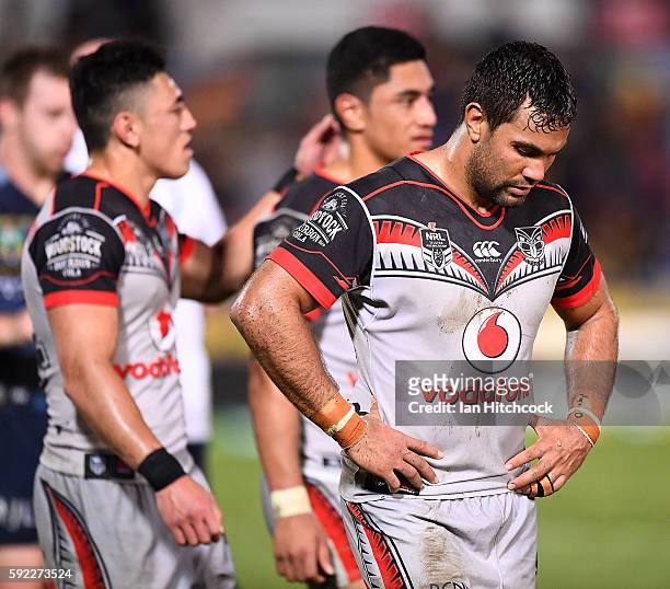 Matthew Allwood of the Warriors looks dejected during the round 24 NRL match between the North Queensland Cowboys and the New Zealand Warriors at...