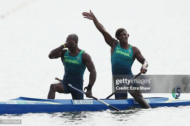 Erlon De Souza Silva and Isaquias Queiroz dos Santos of Brazil celebrate winning the silver medal in the Men's Canoe Double 1000m Finals on Day 15 of...