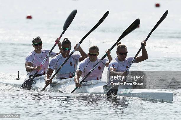Team Hungary wins the gold medal in the Women's Kayak Four 500m Finals on Day 15 of the Rio 2016 Olympic Games at the Lagoa Stadium on August 20,...