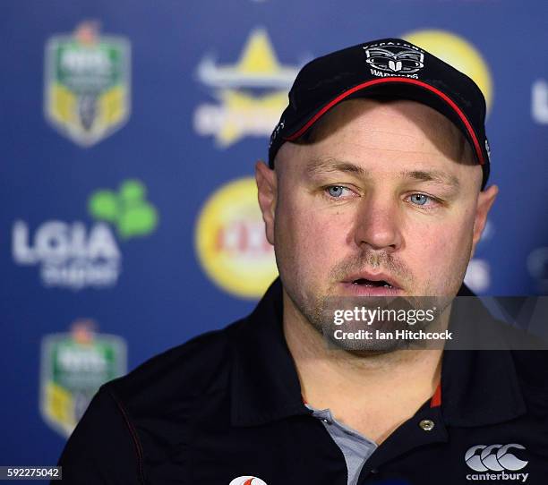 Warriors coach Andrew McFadden speaks at the post match media conference at the end of during the round 24 NRL match between the North Queensland...
