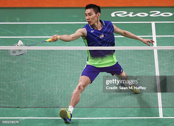 Chong Wei Lee of Malaysia competes against Long Chen of China during the Men's Singles Badminton Gold Medal match on Day 15 of the Rio 2016 Olympic...