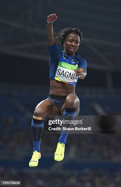 Khaddi Sagnia of Sweden competes during the Women's Long Jump qualifying round on Day 11 of the Rio 2016 Olympic Games at the Olympic Stadium on...