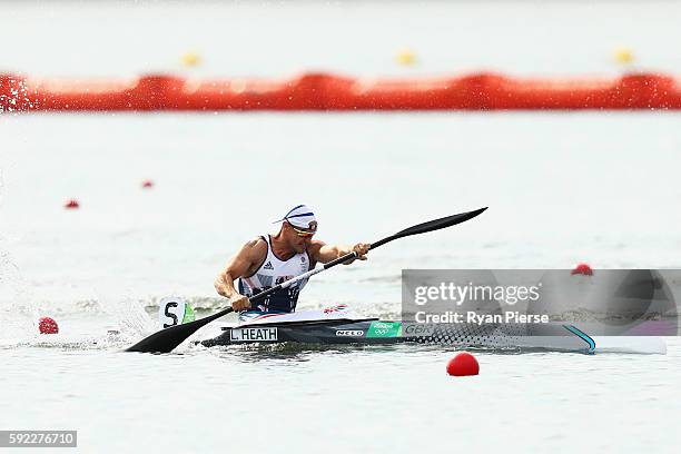 Liam Heath of Great Britain competes on his way to winning the gold medal in the Men's Kayak Single 200m Finals on Day 15 of the Rio 2016 Olympic...