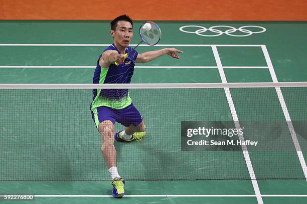 Chong Wei Lee of Malaysia competes against Long Chen of China during the Men's Singles Badminton Gold Medal match on Day 15 of the Rio 2016 Olympic...