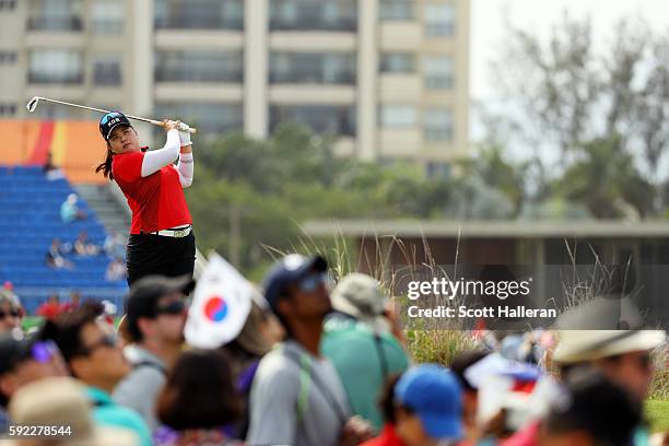 Inbee Park of Korea plays her shot from the eighth tee during the Women's Golf Final on Day 15 of the Rio 2016 Olympic Games at the Olympic Golf...