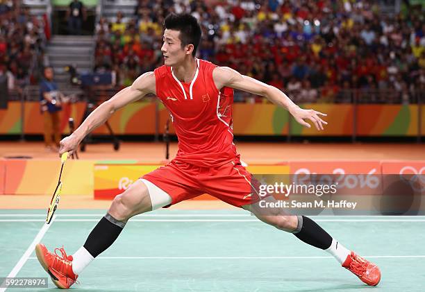 Long Chen of China competes against Chong Wei Lee of Malaysia during the Men's Singles Badminton Gold Medal match on Day 15 of the Rio 2016 Olympic...
