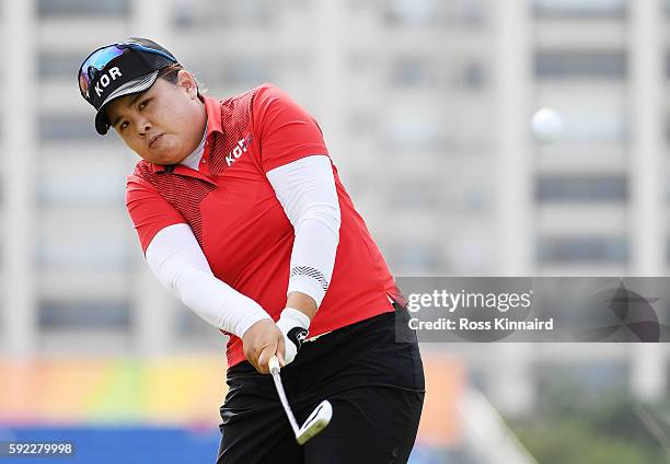 Inbee Park of Korea plays her shot from the eighth tee during the Women's Golf Final on Day 15 of the Rio 2016 Olympic Games at the Olympic Golf...