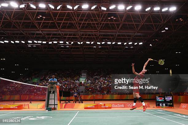 Long Chen of China competes against Chong Wei Lee of Malaysia during the Men's Singles Badminton Gold Medal match on Day 15 of the Rio 2016 Olympic...