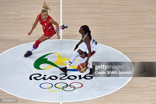 France's point guard Olivia Epoupa dribbles next to Serbia's point guard Milica Dabovic during a Women's Bronze medal basketball match between France...