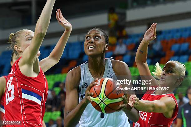 France's centre Sandrine Gruda is blocked by Serbia's power forward Danielle Page and Serbia's point guard Milica Dabovic during a Women's Bronze...