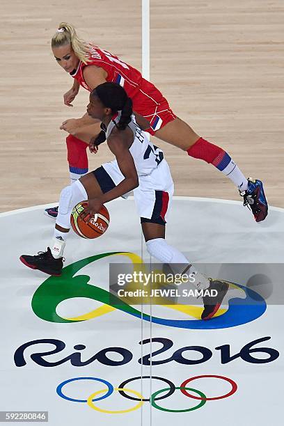 France's point guard Olivia Epoupa dribbles past Serbia's point guard Milica Dabovic during a Women's Bronze medal basketball match between France...