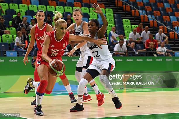 Serbia's point guard Milica Dabovic tries to pass France's point guard Olivia Epoupa during a Women's Bronze medal basketball match between France...
