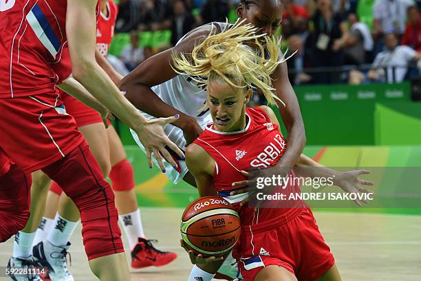Serbia's point guard Milica Dabovic is blocked by France's centre Sandrine Gruda during a Women's Bronze medal basketball match between France and...