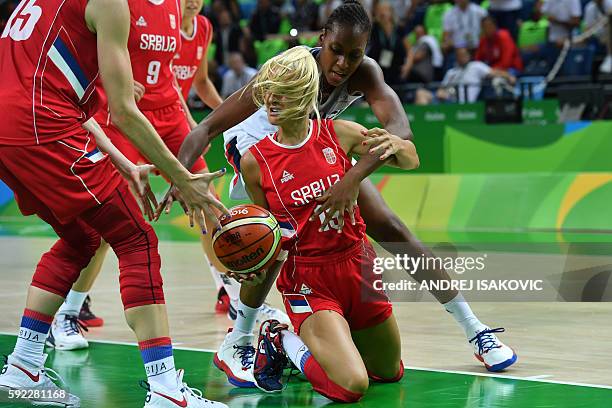 Serbia's point guard Milica Dabovic is blocked by France's centre Sandrine Gruda during a Women's Bronze medal basketball match between France and...