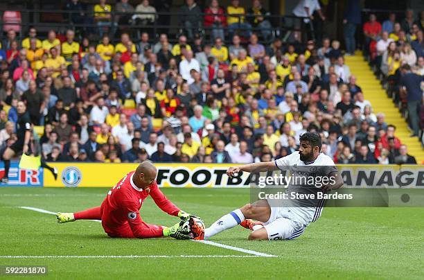 Heurelho Gomes of Watford saves Diego Costa of Chelsea shot during the Premier League match between Watford and Chelsea at Vicarage Road on August...