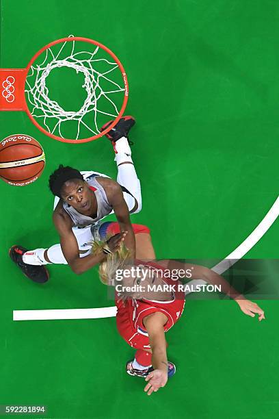 An overview shows Serbia's point guard Milica Dabovic scoring past France's point guard Olivia Epoupa during the Women's Bronze medal basketball...