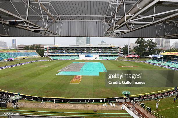 The pitch covered during day 2 of the 1st Sunfoil International Test match between South Africa and New Zealand at Sahara Stadium Kingsmead on August...