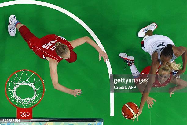 An overview shows Serbia's power forward Danielle Page, Serbia's point guard Milica Dabovic and France's centre Sandrine Gruda go for a rebound...
