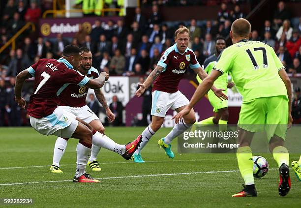 Andre Gray of Burnley scores his sides second goal during the Premier League match between Burnley and Liverpool at Turf Moor on August 20, 2016 in...