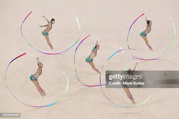 Russia compete during the ribbon rotation 1 in the group all-round qualification round at the at Rio Olympic Arena on August 20, 2016 in Rio de...