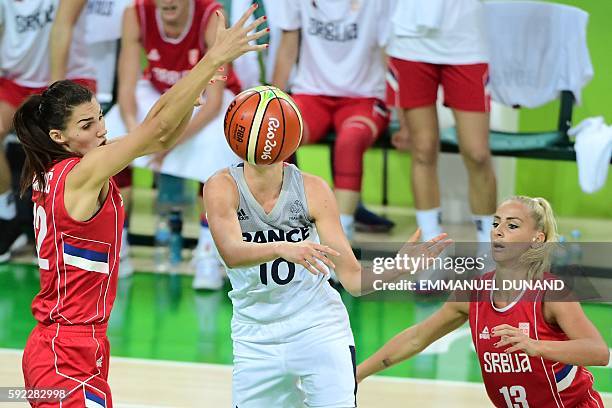 Serbia's centre Dragana Stankovic, France's shooting guard Sarah Michel and Serbia's point guard Milica Dabovic go for the ball during a Women's...