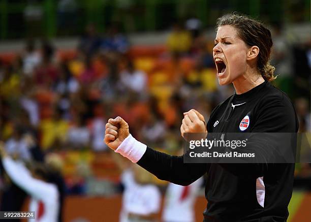 Kari Aalvik Grimsbo of Norway reacts during the Women's Handball Bronze medal match between Netherlands and Norway at Future Arena on Day 15 of the...