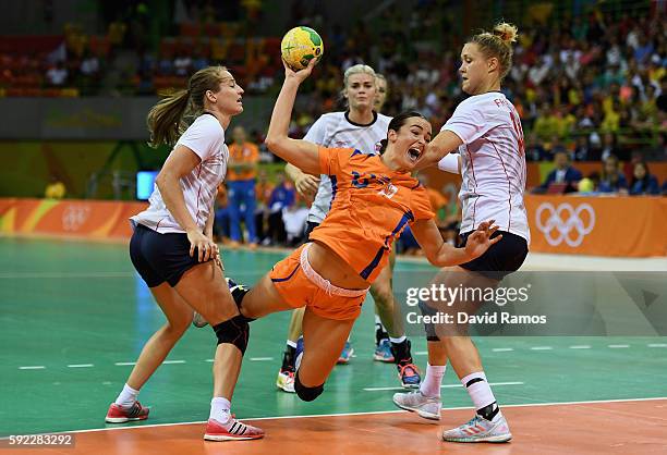 Yvette Broch of Netherlands takes a shot during the Women's Handball Bronze medal match between Netherlands and Norway at Future Arena on Day 15 of...