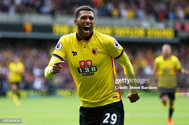 Etienne Capoue of Watford celebrates scoring his sides first goal during the Premier League match between Watford and Chelsea at Vicarage Road on...