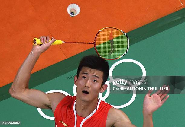 An overview shows China's Chen Long return against Malaysia's Lee Chong Wei in their men's singles Gold Medal badminton match at the Riocentro...