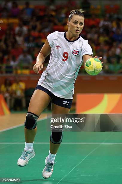 Nora Mork of Norway controls the ball during the Women's Handball Bronze medal match between Netherlands and Norway at Future Arena on Day 15 of the...