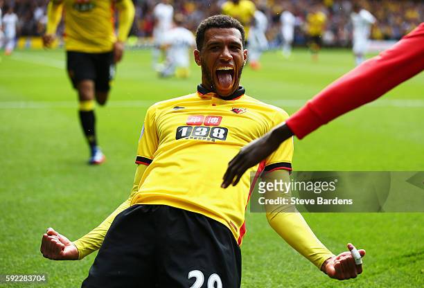 Etienne Capoue of Watford celebrates scoring his sides first goal during the Premier League match between Watford and Chelsea at Vicarage Road on...