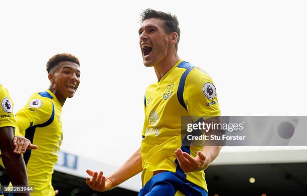 Gareth Barry of Everton celebrates scoring his sides second goal during the Premier League match between West Bromwich Albion and Everton at The...