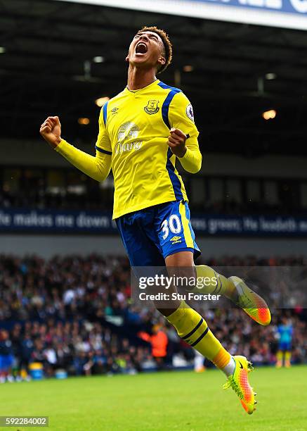 Mason Holgate of Everton celebrates after his side scored their second goal during the Premier League match between West Bromwich Albion and Everton...