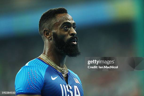 Tyson Gay of the United States is seen after the Men's 4 x 100m Relay Finall on Day 14 of the Rio 2016 Olympic Games at the Olympic Stadium on August...