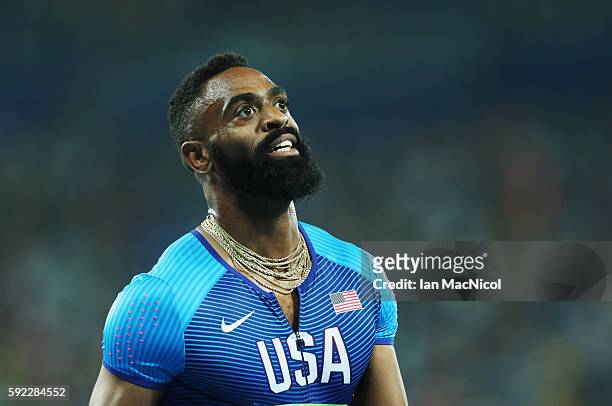 Tyson Gay of the United States is seen after the Men's 4 x 100m Relay Finall on Day 14 of the Rio 2016 Olympic Games at the Olympic Stadium on August...